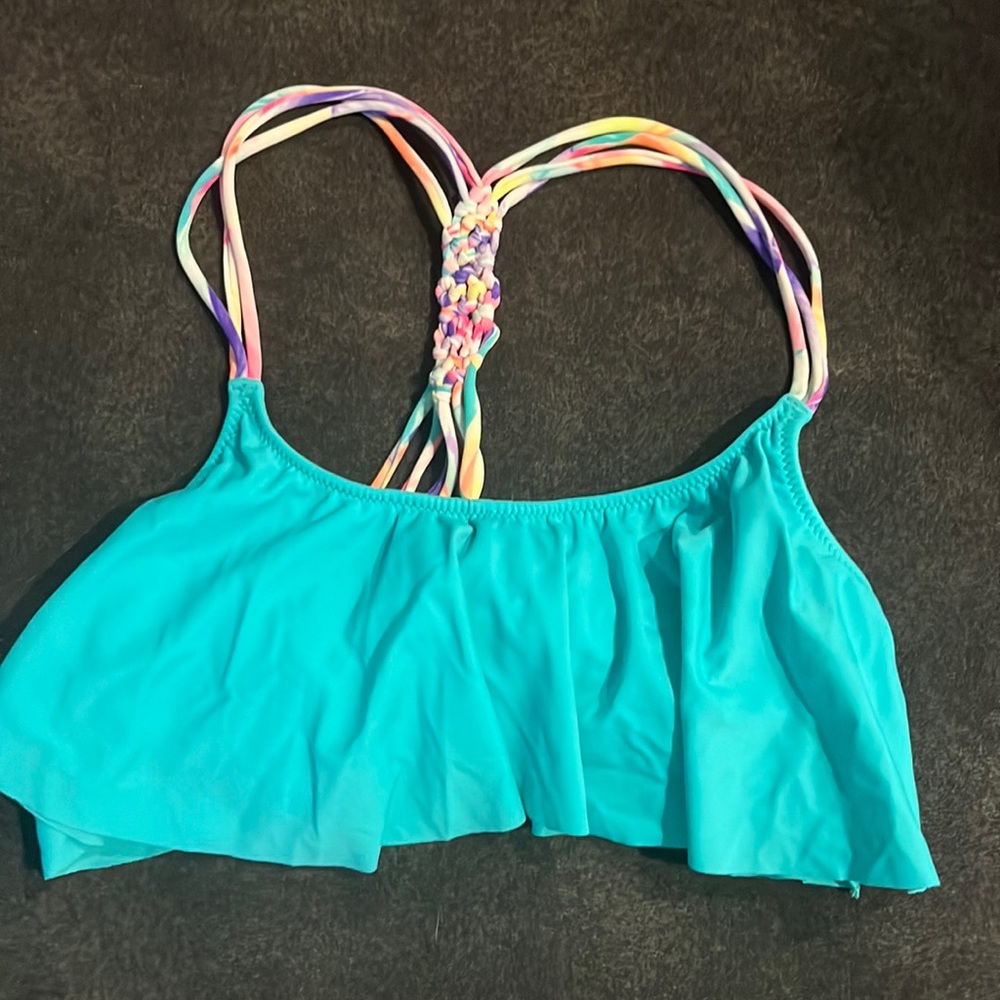 XS aqua blue with woven tie dye straps swim top, PINK